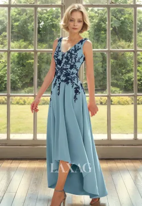 V-Neck Straps Sleeveless Cocktail Gowns Beaded Applique Floor-Length High-Low Mother of the Bride Dress