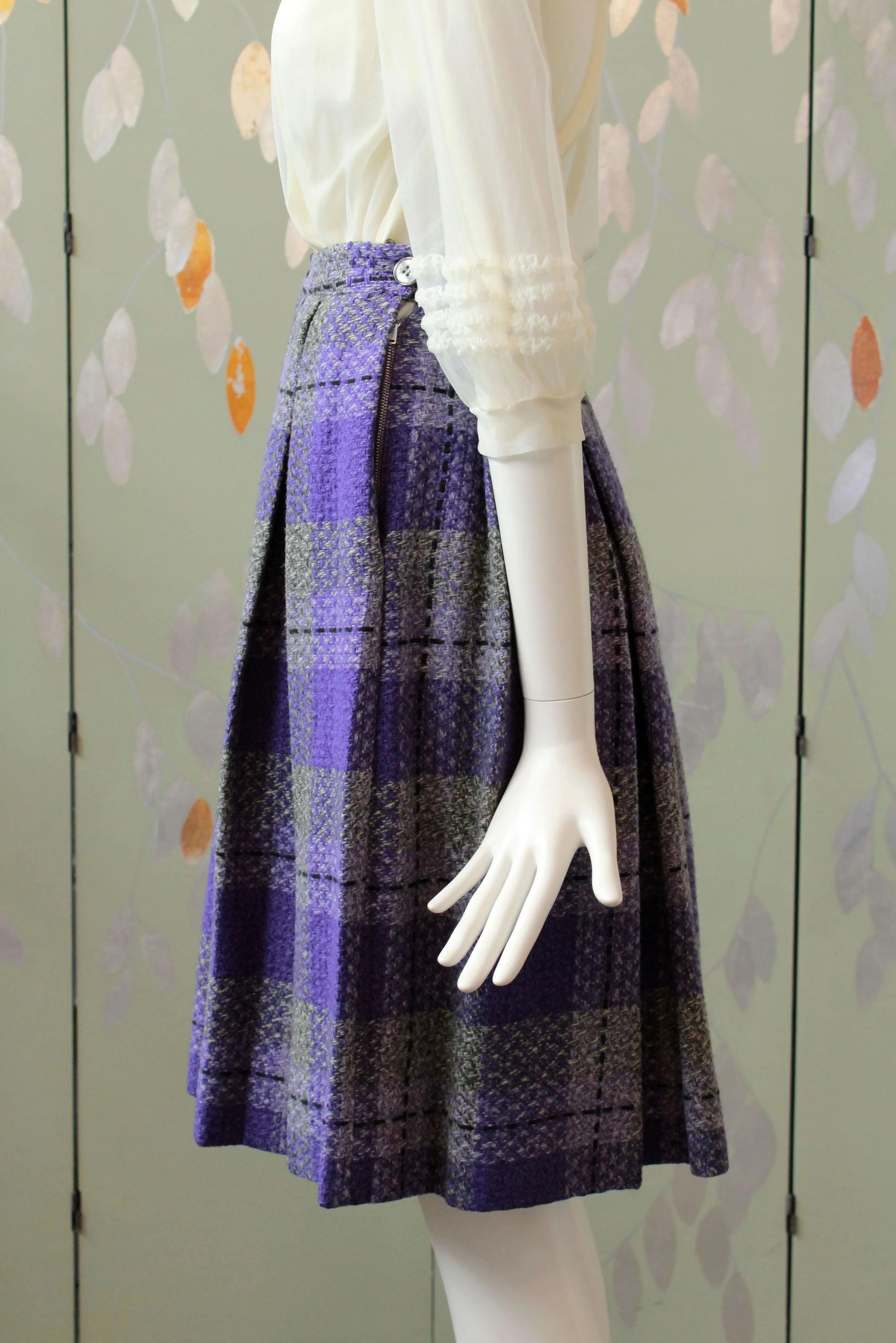 Vintage 1960s Purple And Grey Wool Pleated Skirt, Waist 24