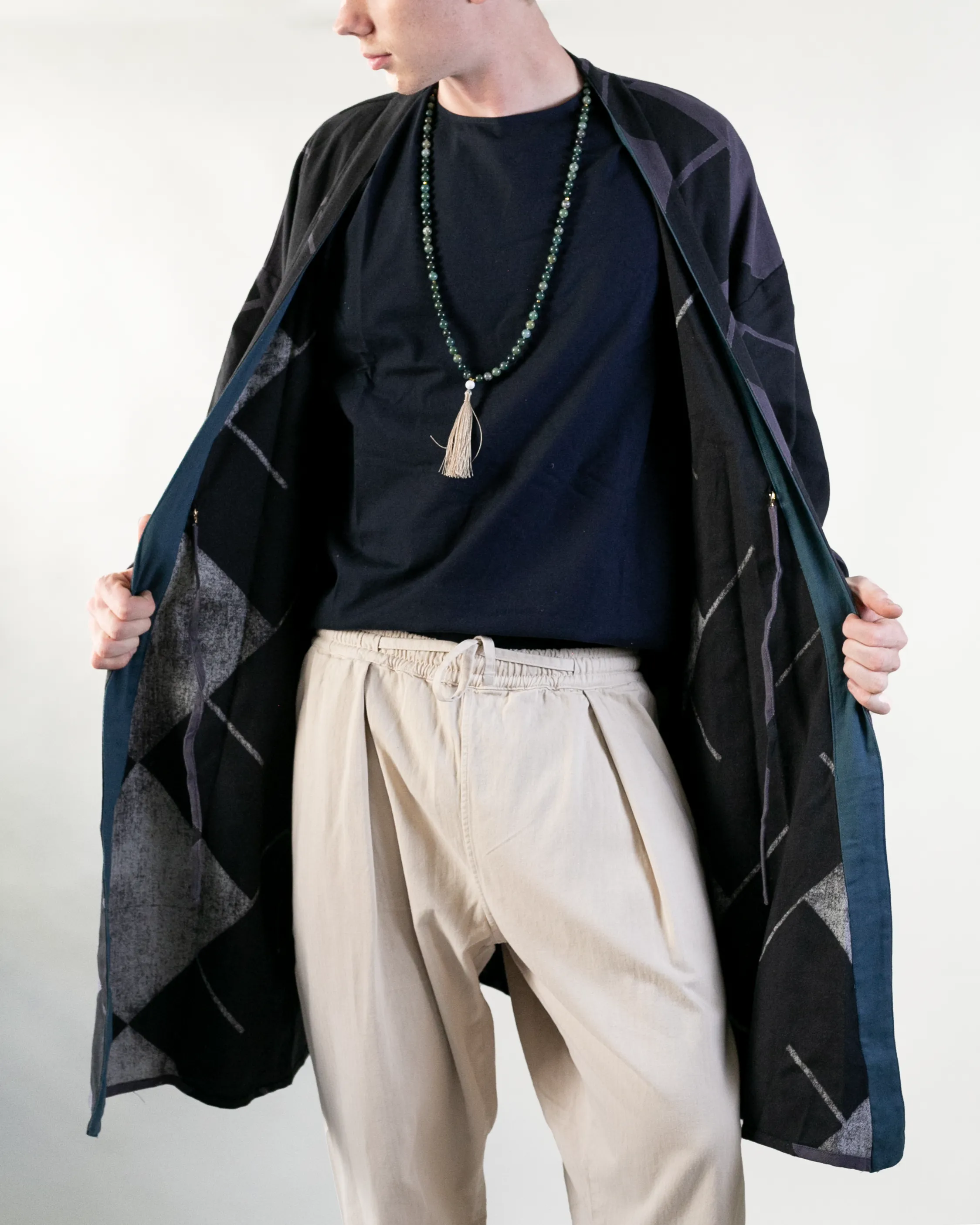 Wa-Modern Haori Robe, Dark Purple and Black Manji