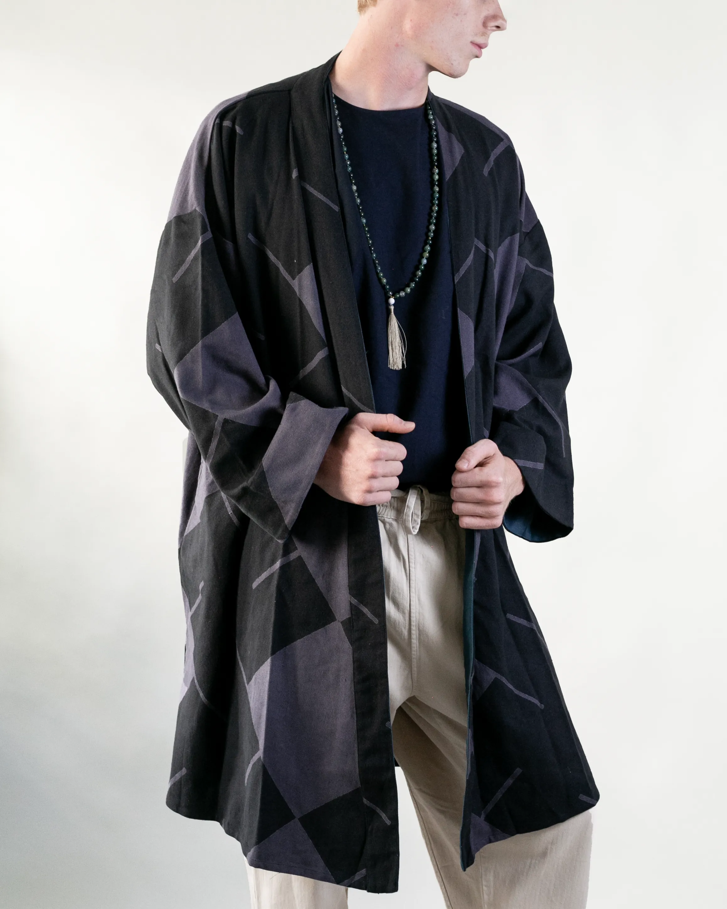 Wa-Modern Haori Robe, Dark Purple and Black Manji