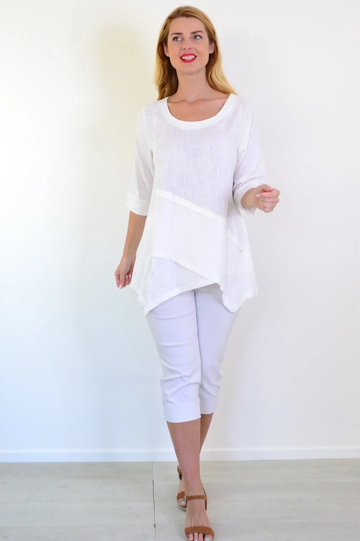 White Layered Linen Blend Tunic Top