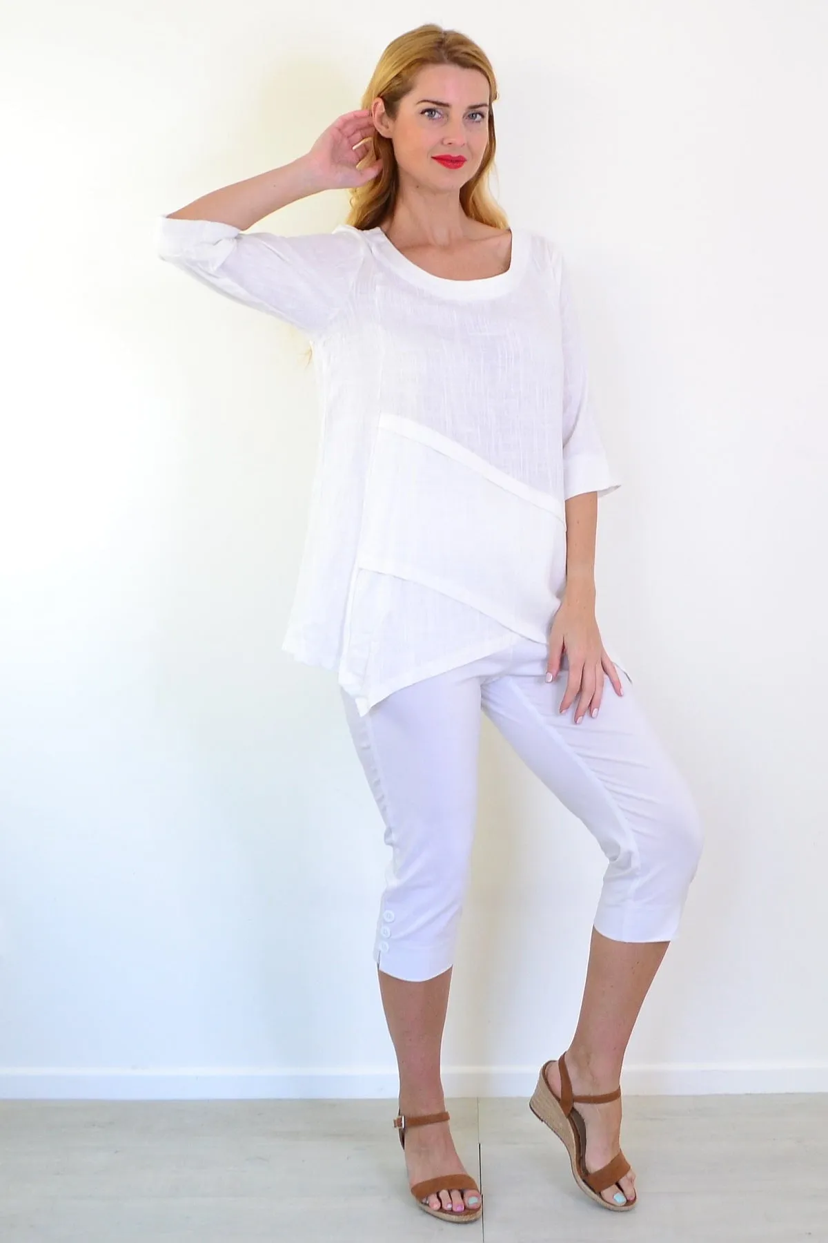 White Layered Linen Blend Tunic Top