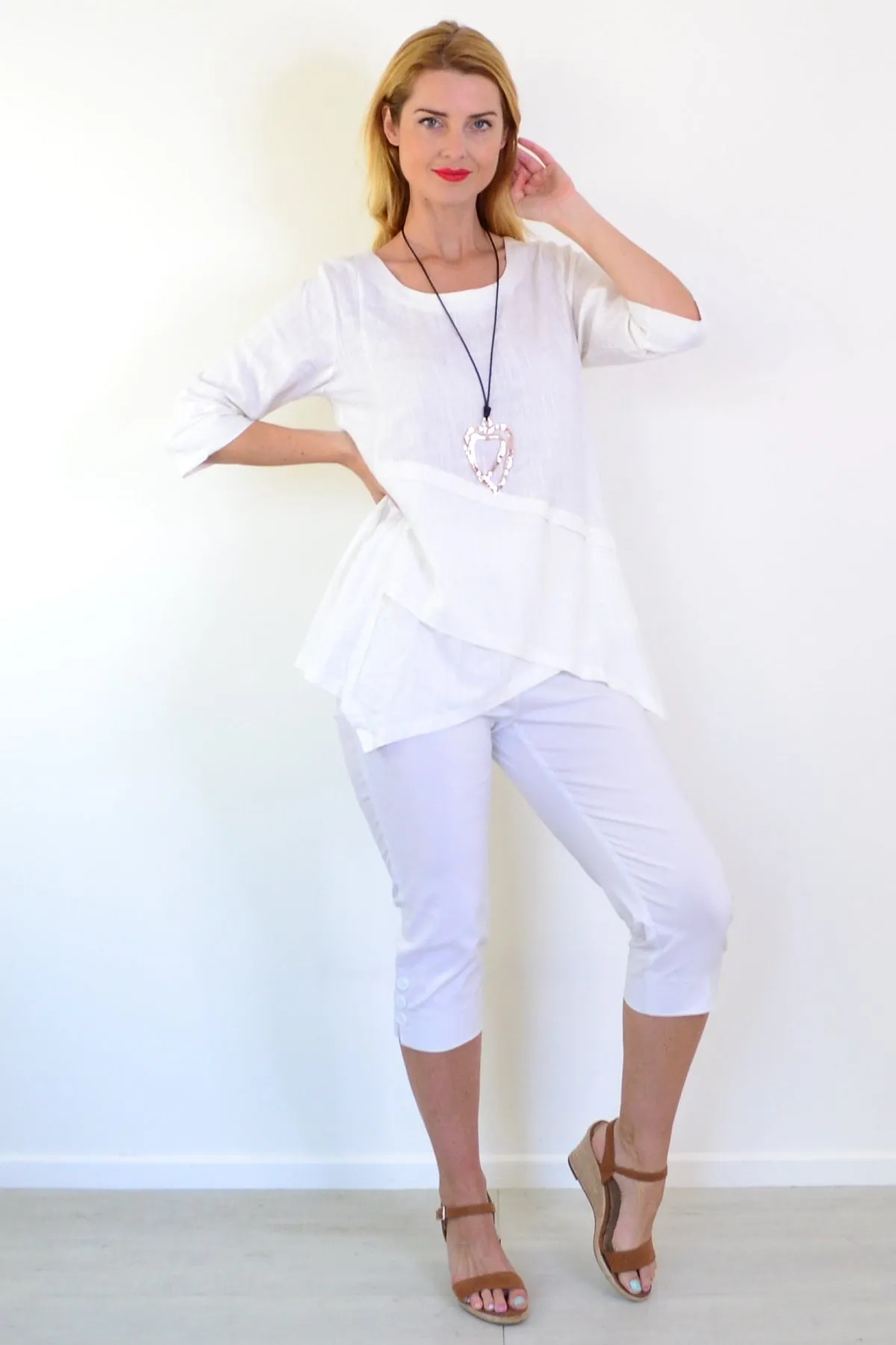 White Layered Linen Blend Tunic Top