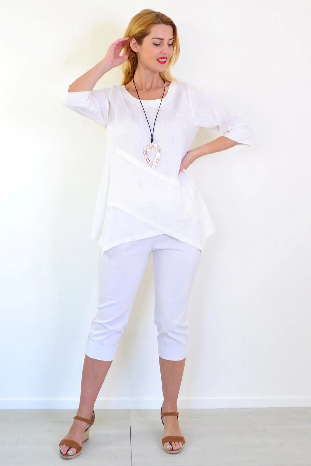 White Layered Linen Blend Tunic Top