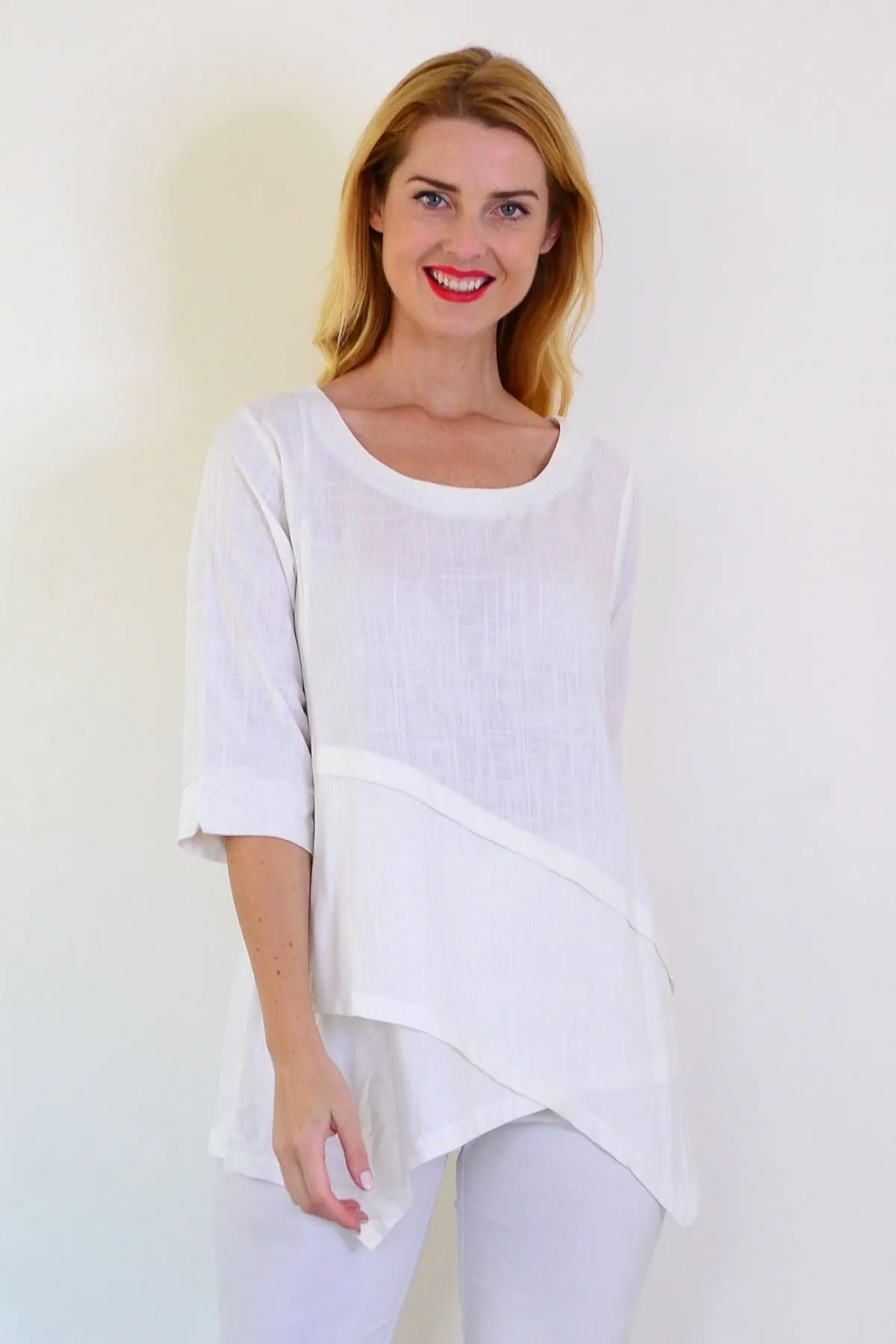 White Layered Linen Blend Tunic Top