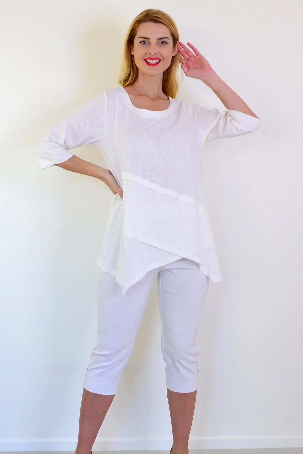 White Layered Linen Blend Tunic Top