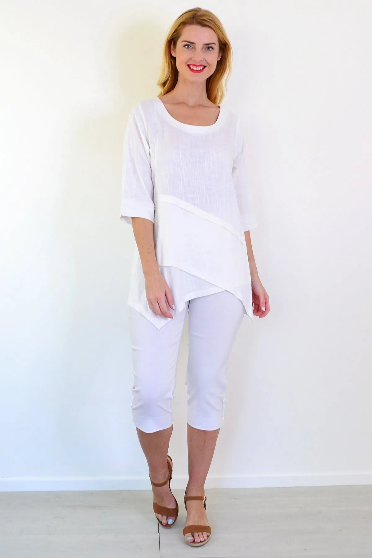 White Layered Linen Blend Tunic Top