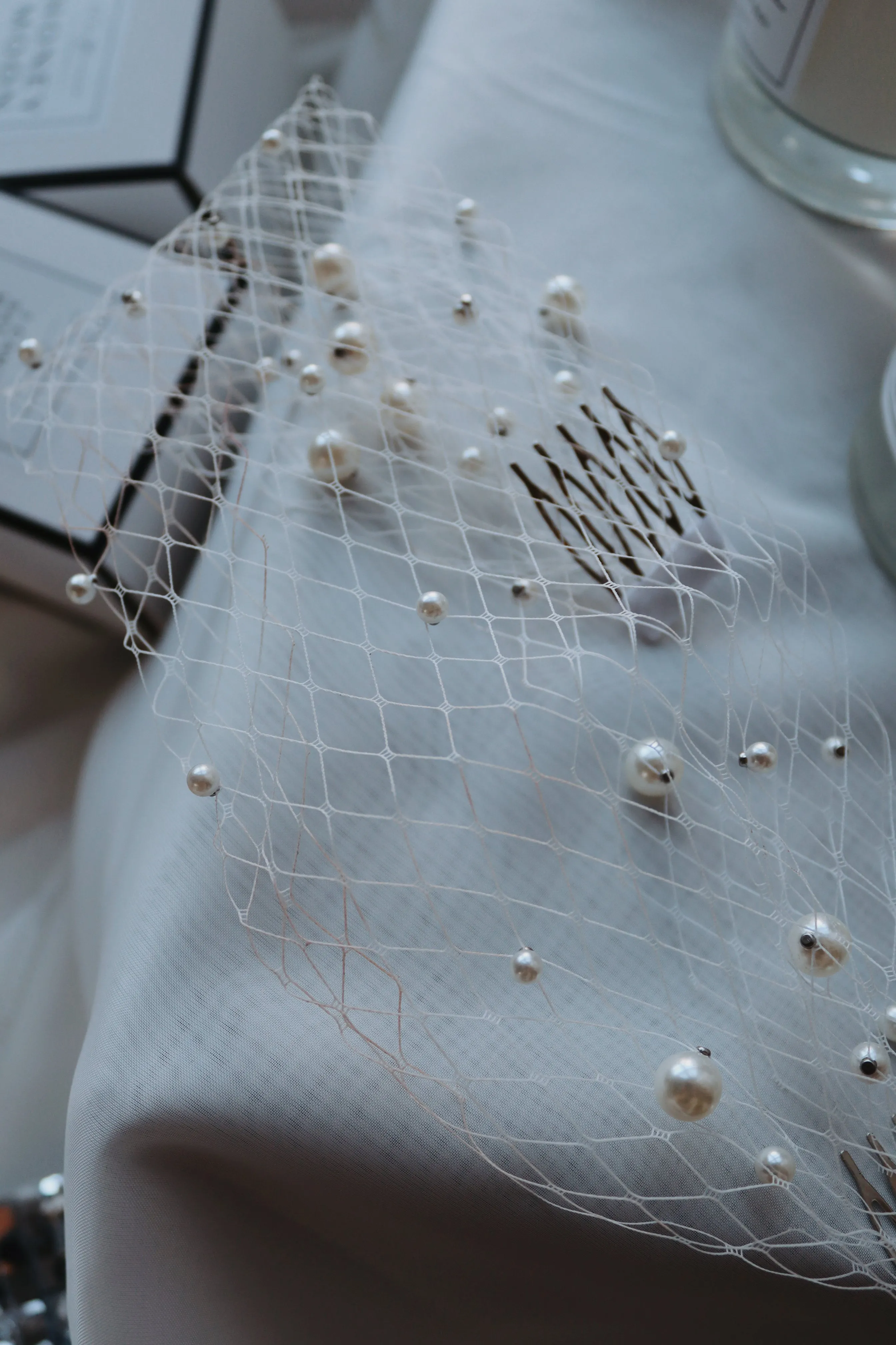 White Pearl Bridal Birdcage Veil