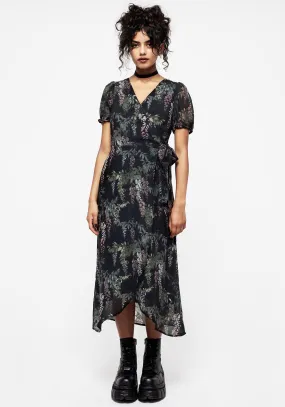 Wisteria Floral Print Chiffon Midi Wrap Dress