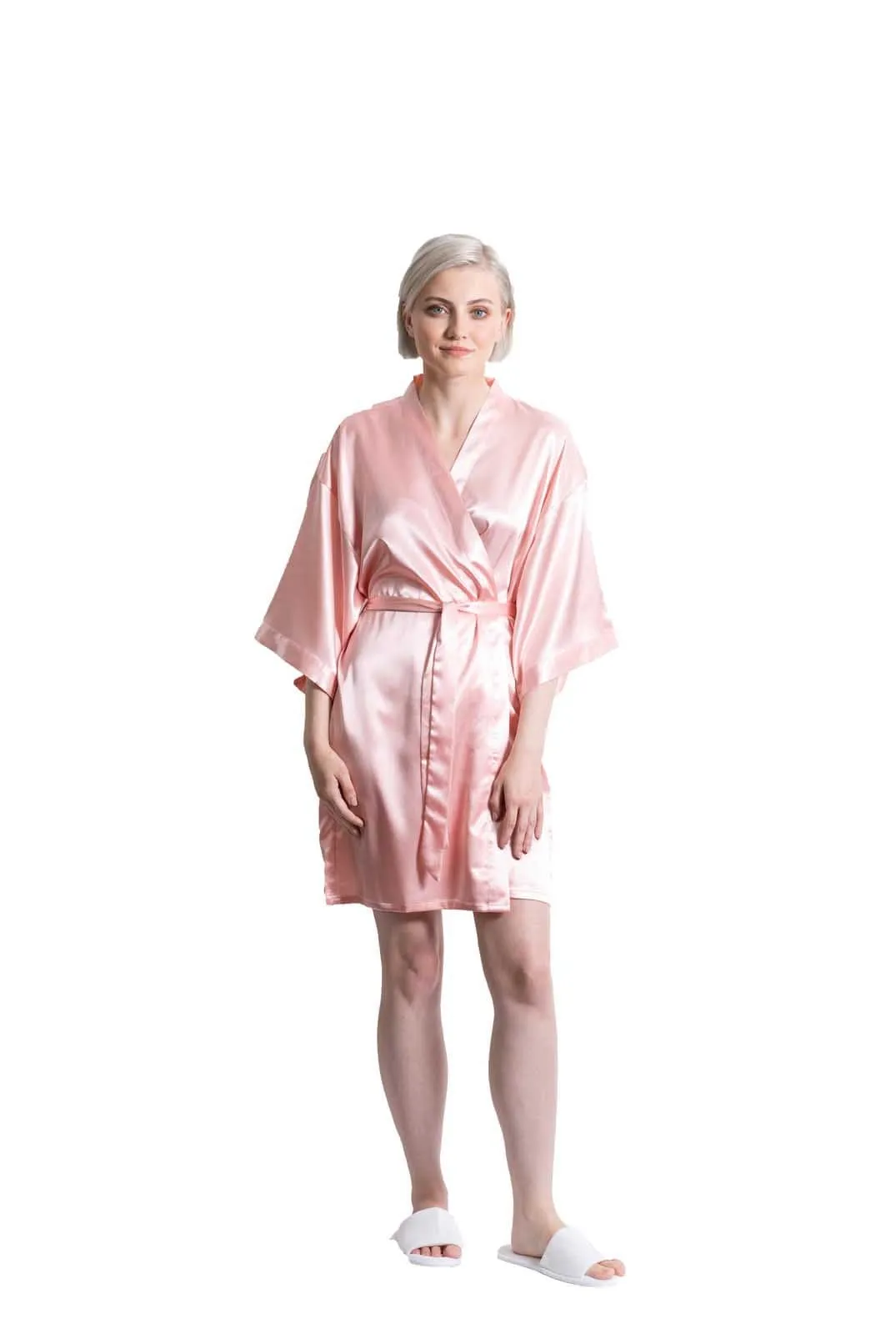 Woman’s Satin Kimono Short Robe, Luxury & Lightweight, Comfortable Robe, (Peach)