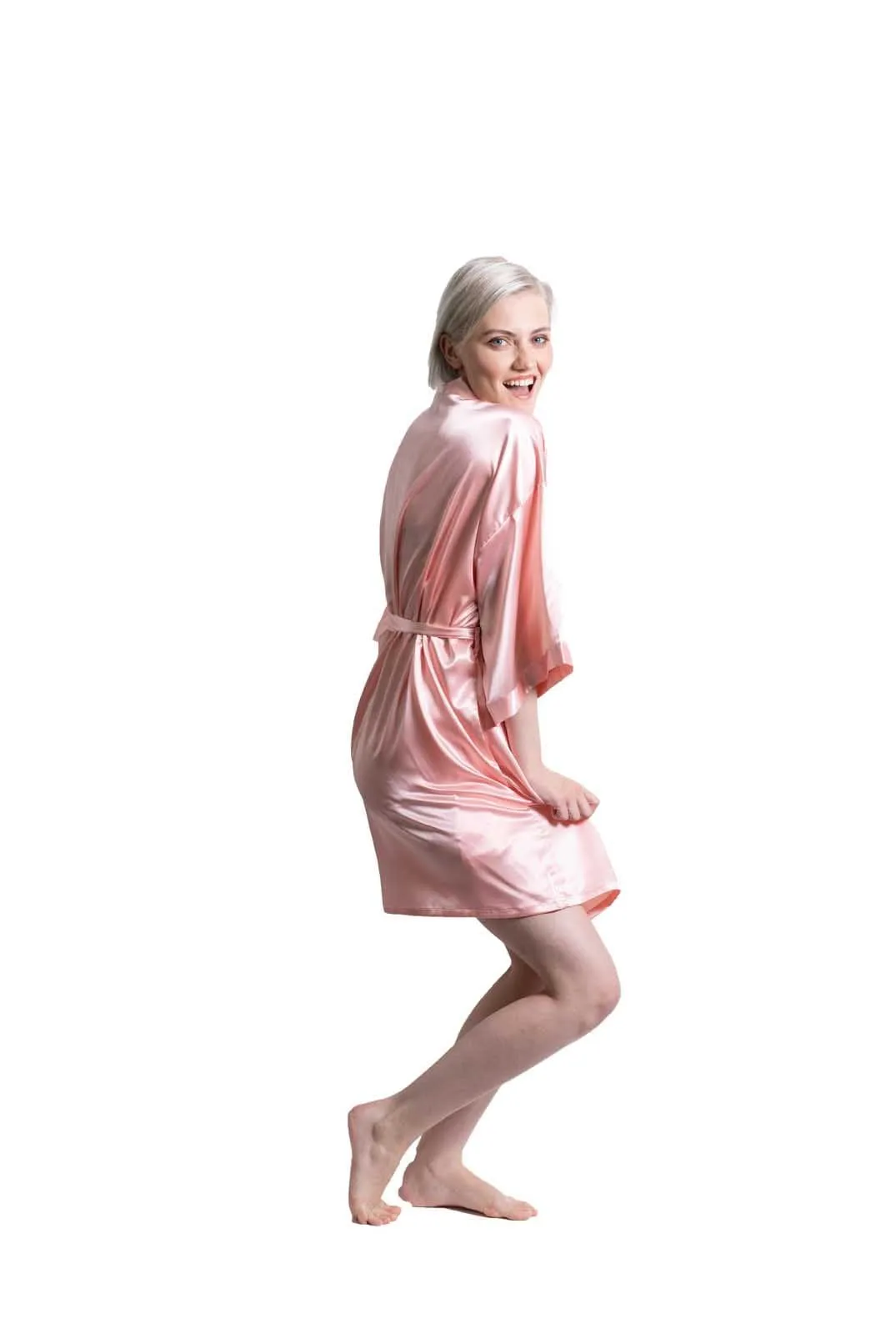 Woman’s Satin Kimono Short Robe, Luxury & Lightweight, Comfortable Robe, (Peach)