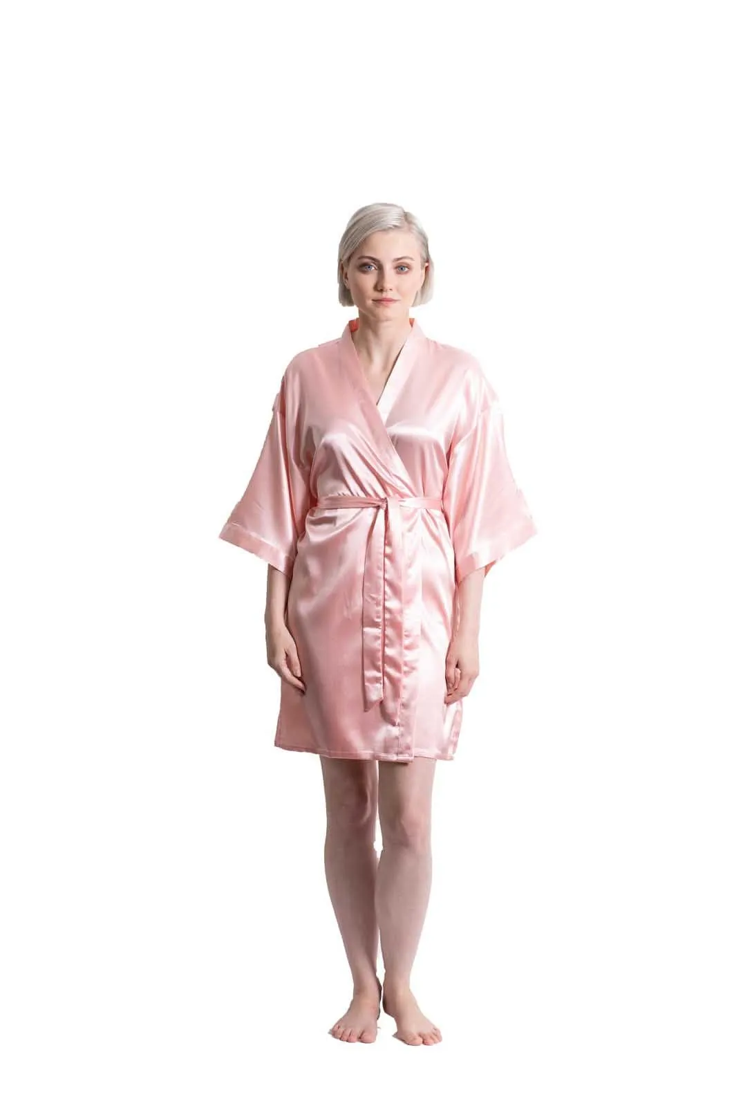 Woman’s Satin Kimono Short Robe, Luxury & Lightweight, Comfortable Robe, (Peach)