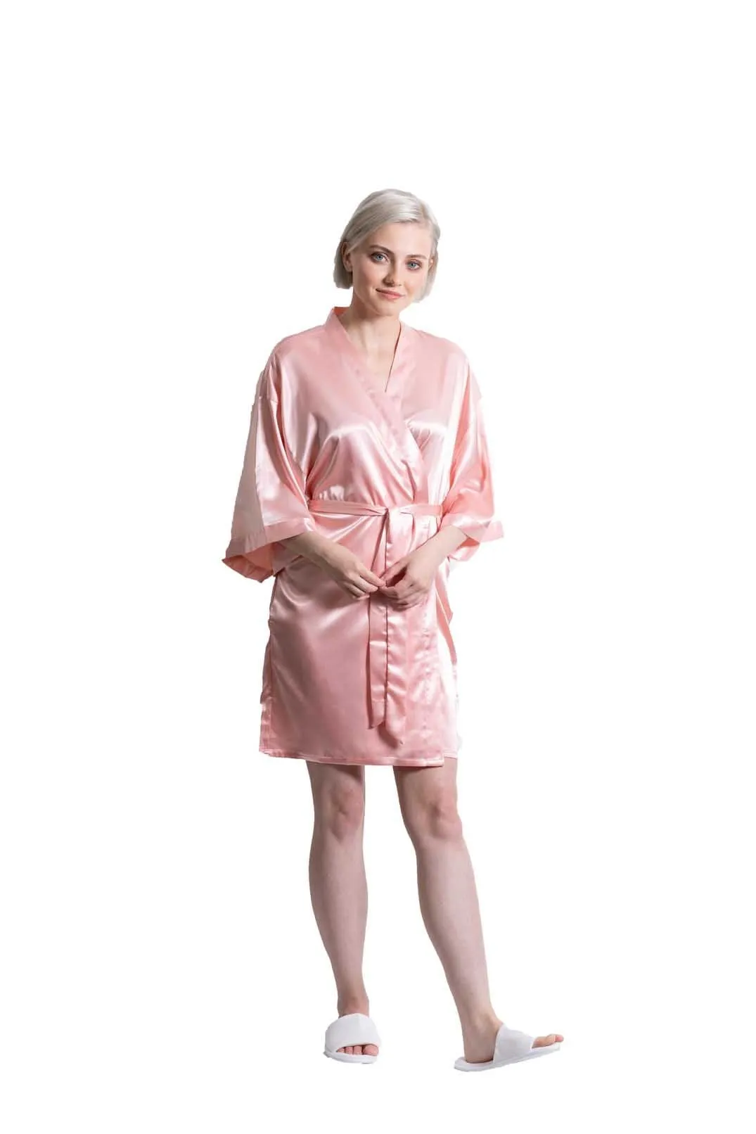 Woman’s Satin Kimono Short Robe, Luxury & Lightweight, Comfortable Robe, (Peach)