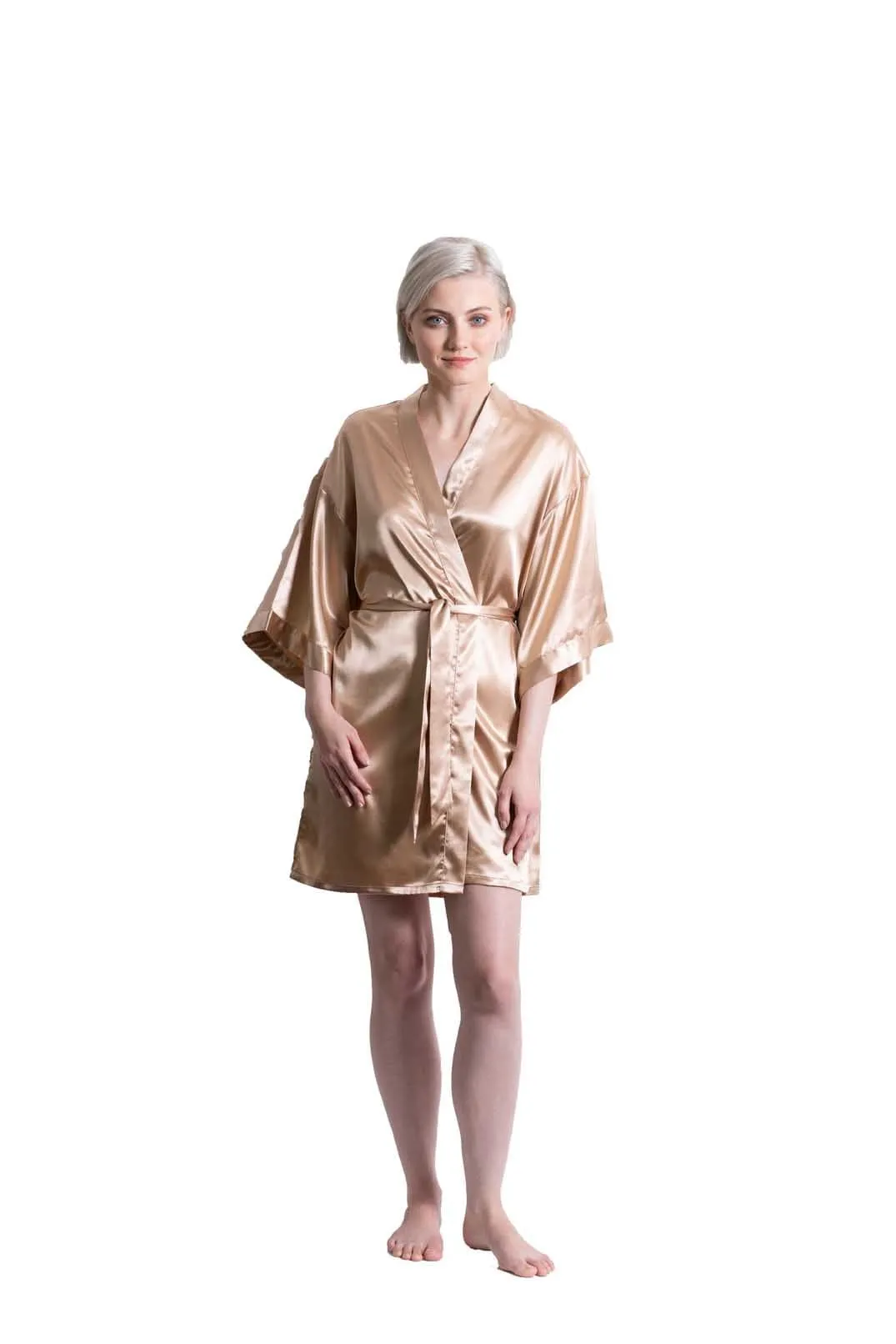 Woman’s Satin Kimono Short Robe, Luxury & Lightweight, Comfortable Robe, (Taupe)