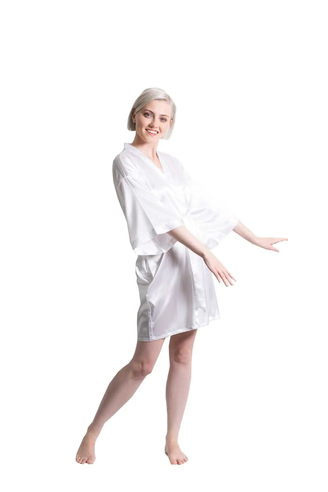 Woman’s Satin Kimono Short Robe, Luxury & Lightweight, Comfortable Robe, (White)