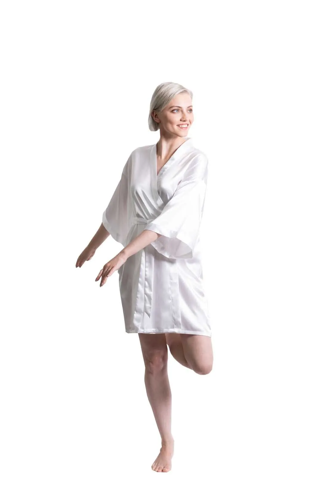 Woman’s Satin Kimono Short Robe, Luxury & Lightweight, Comfortable Robe, (White)