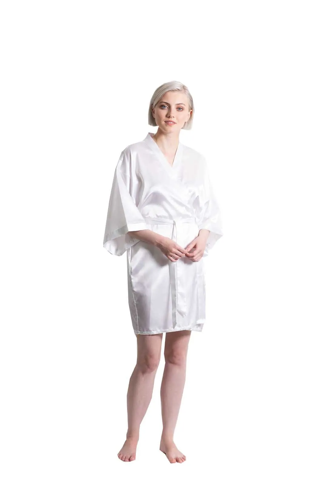 Woman’s Satin Kimono Short Robe, Luxury & Lightweight, Comfortable Robe, (White)