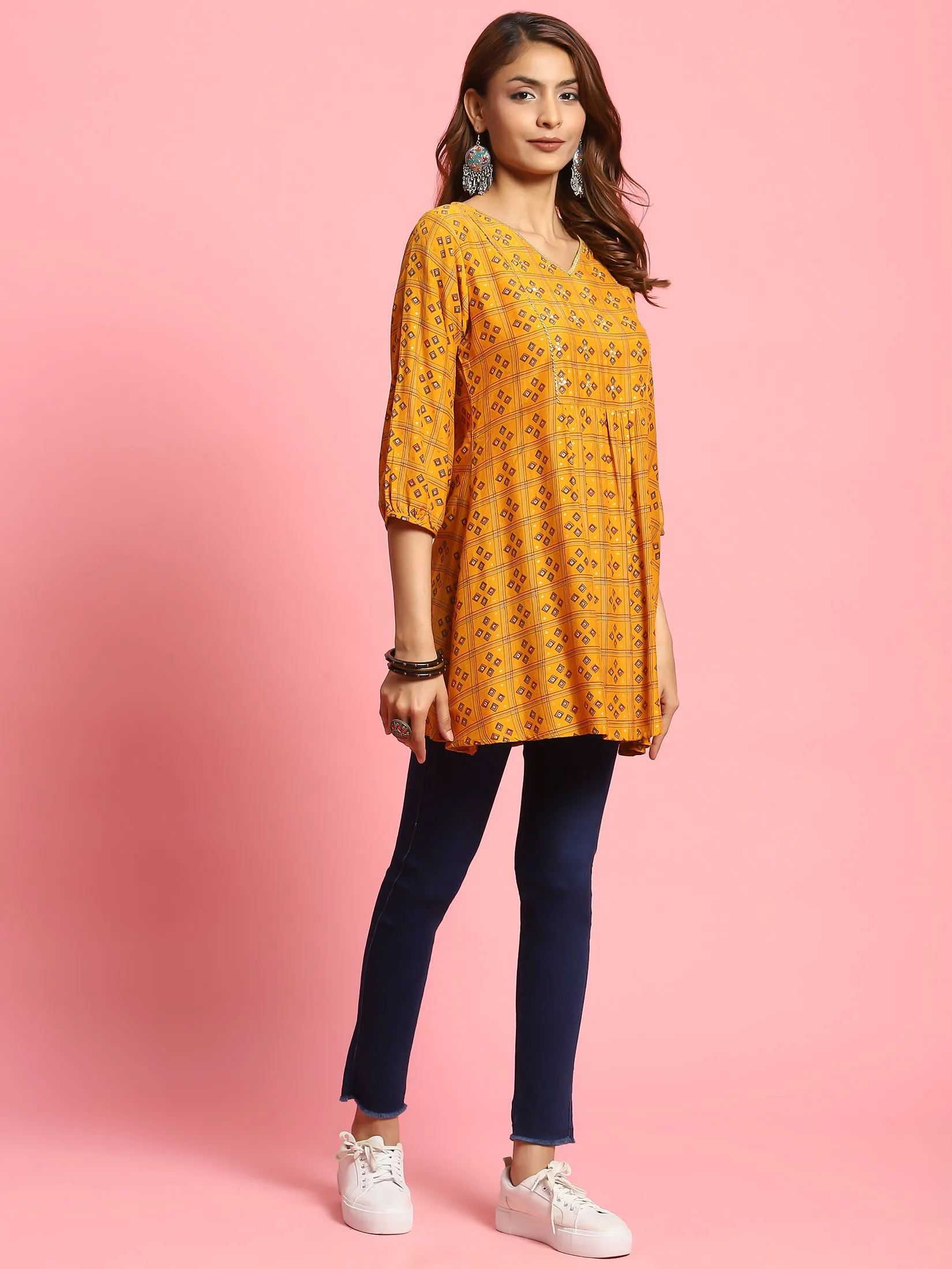 Women Mustard Geometric Printed Tunic