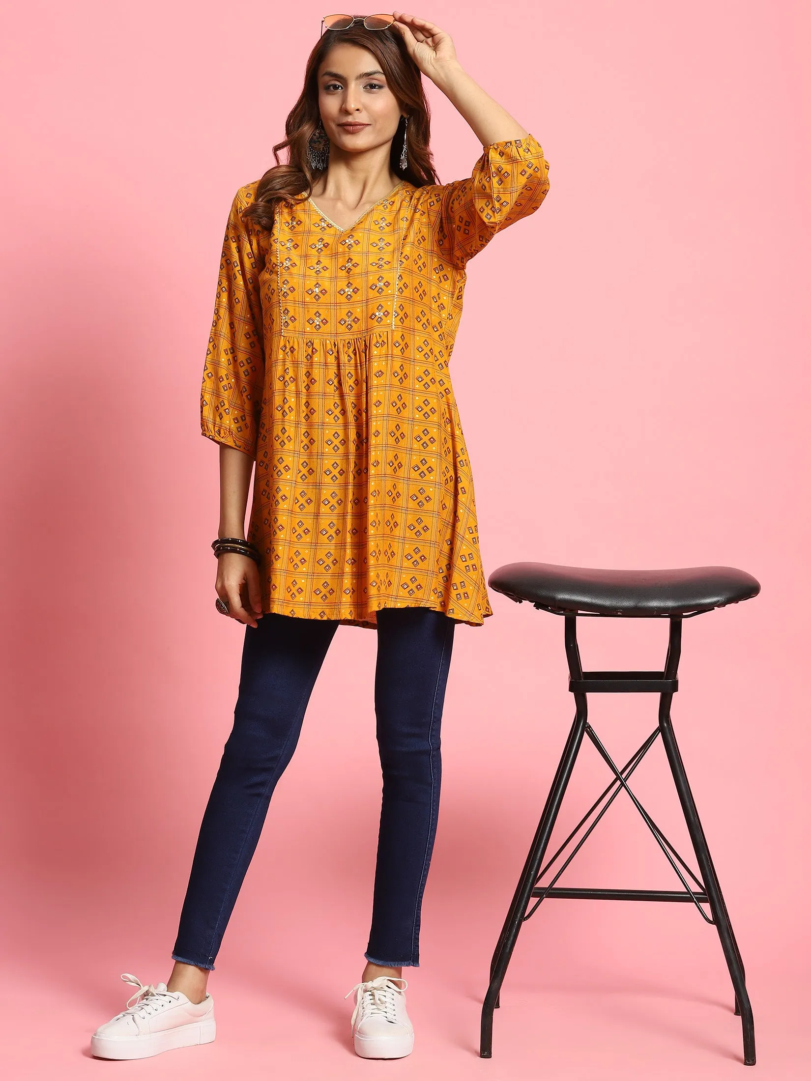 Women Mustard Geometric Printed Tunic