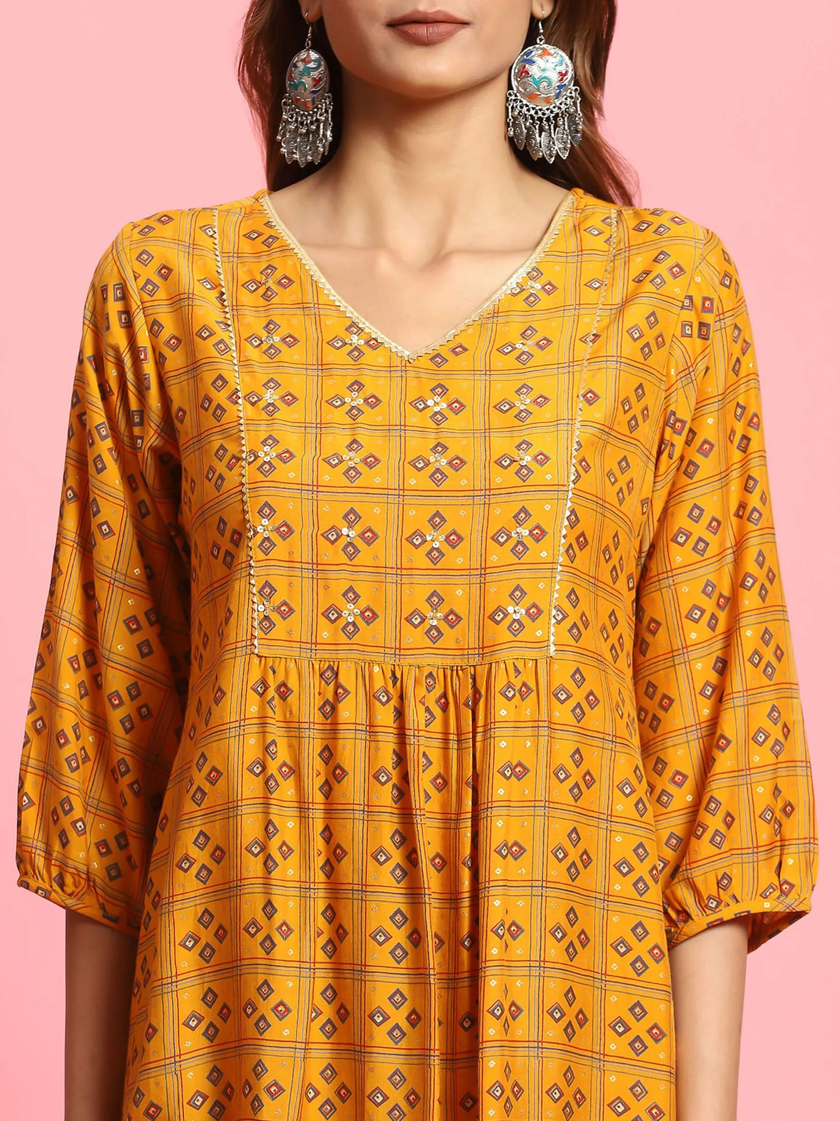 Women Mustard Geometric Printed Tunic