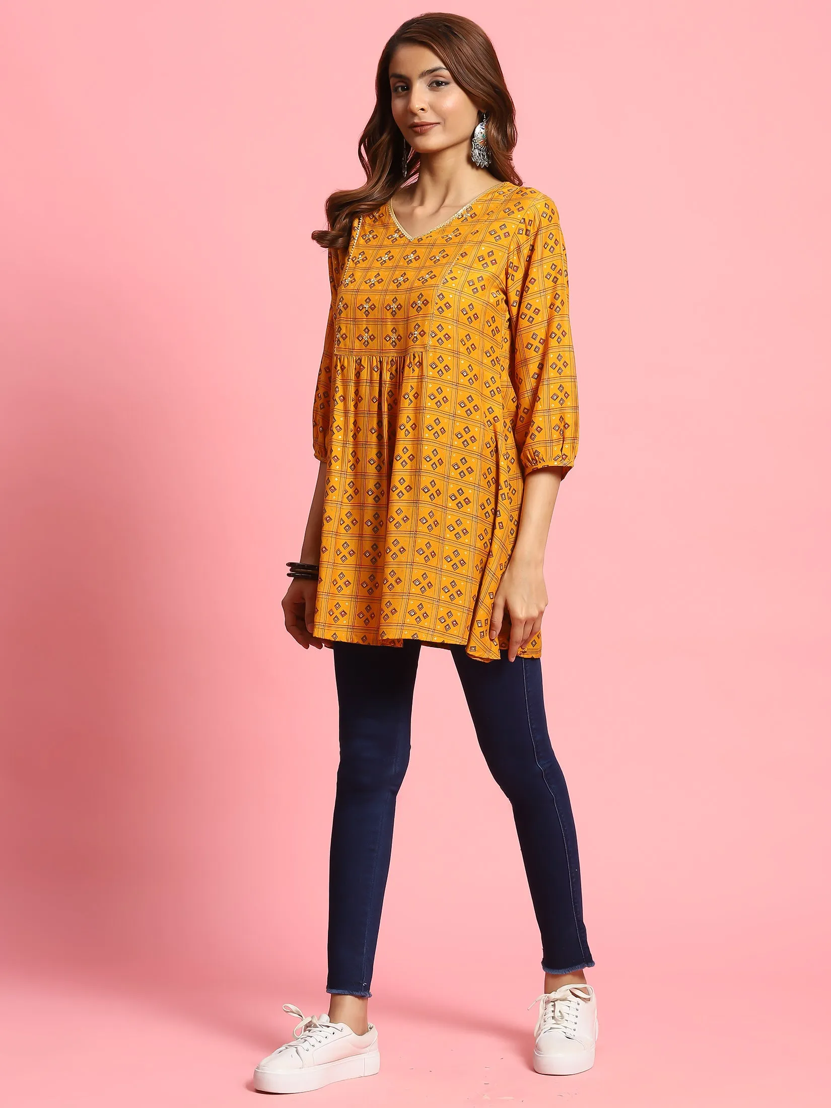 Women Mustard Geometric Printed Tunic