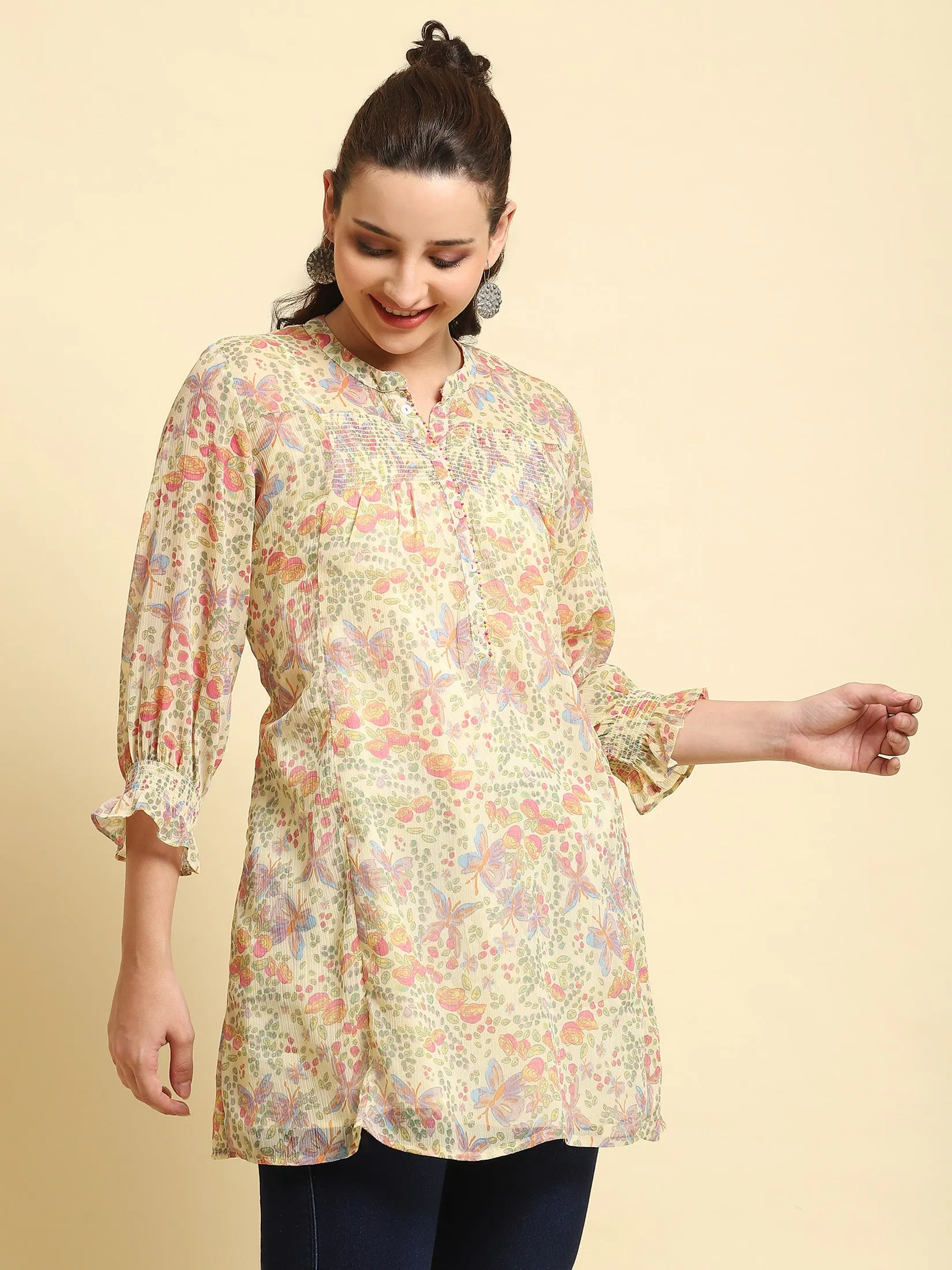 Women Yellow A-line Printed Tunic