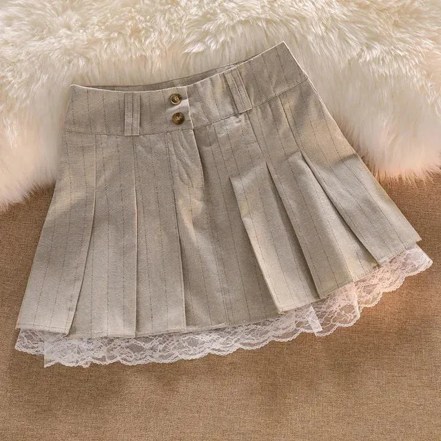 Women's Fashion Designer Lace Underlay Trim Pleated Skirts (Short)