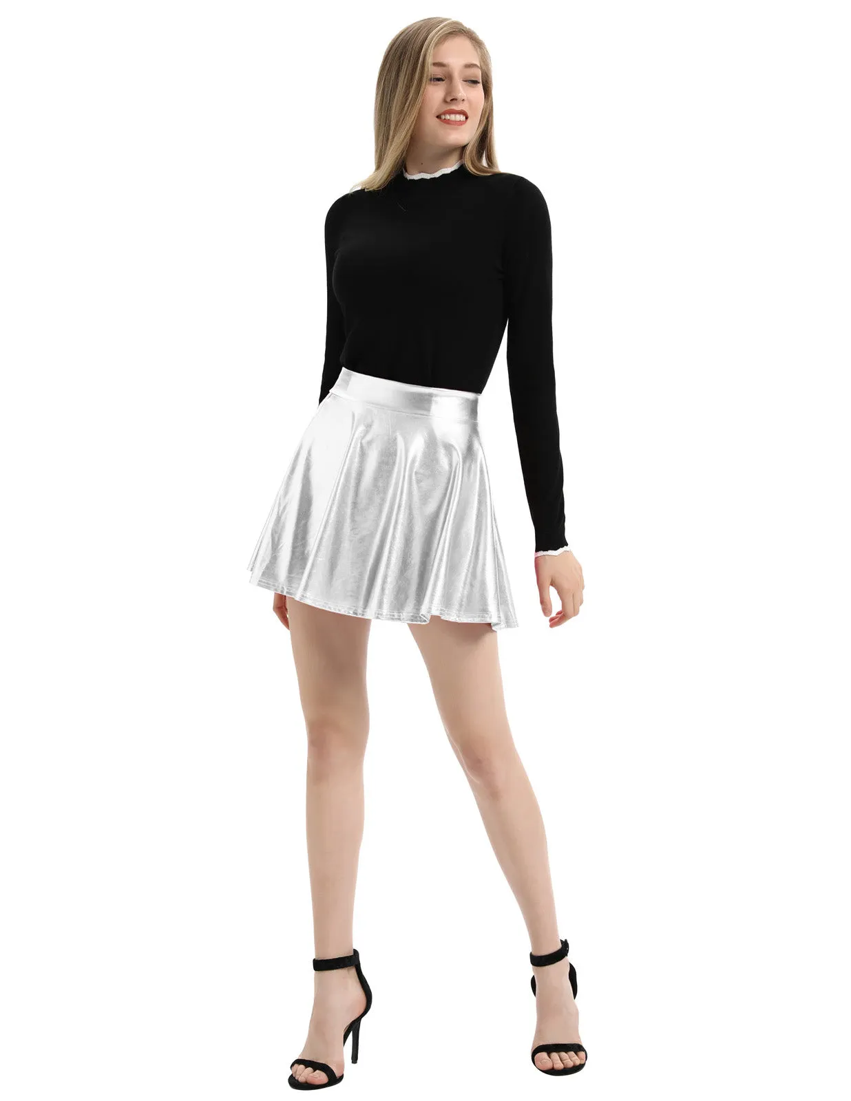 Women's Shiny Metallic Skater Skirt Fashion Flared Mini Skirt