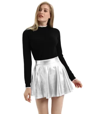 Women's Shiny Metallic Skater Skirt Fashion Flared Mini Skirt