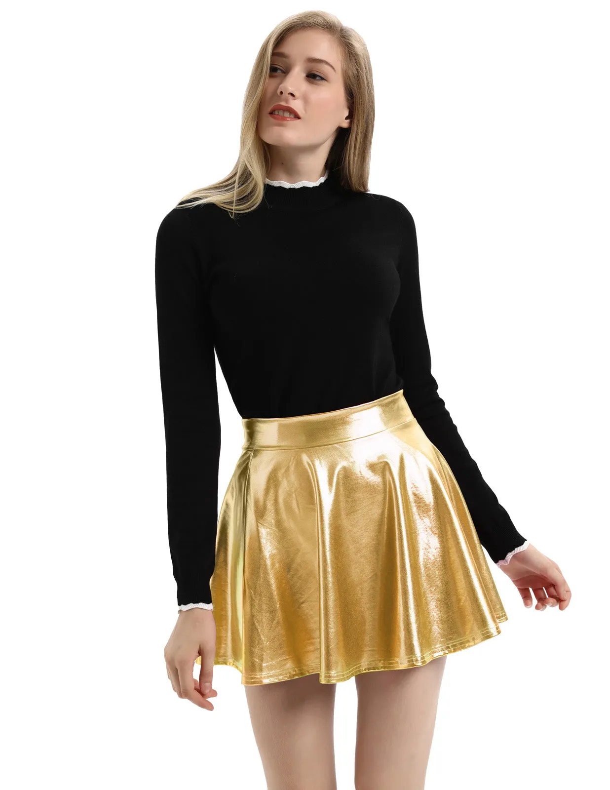 Women's Shiny Metallic Skater Skirt Fashion Flared Mini Skirt