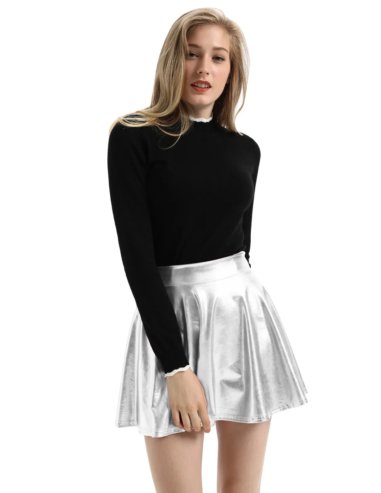 Women's Shiny Metallic Skater Skirt Fashion Flared Mini Skirt