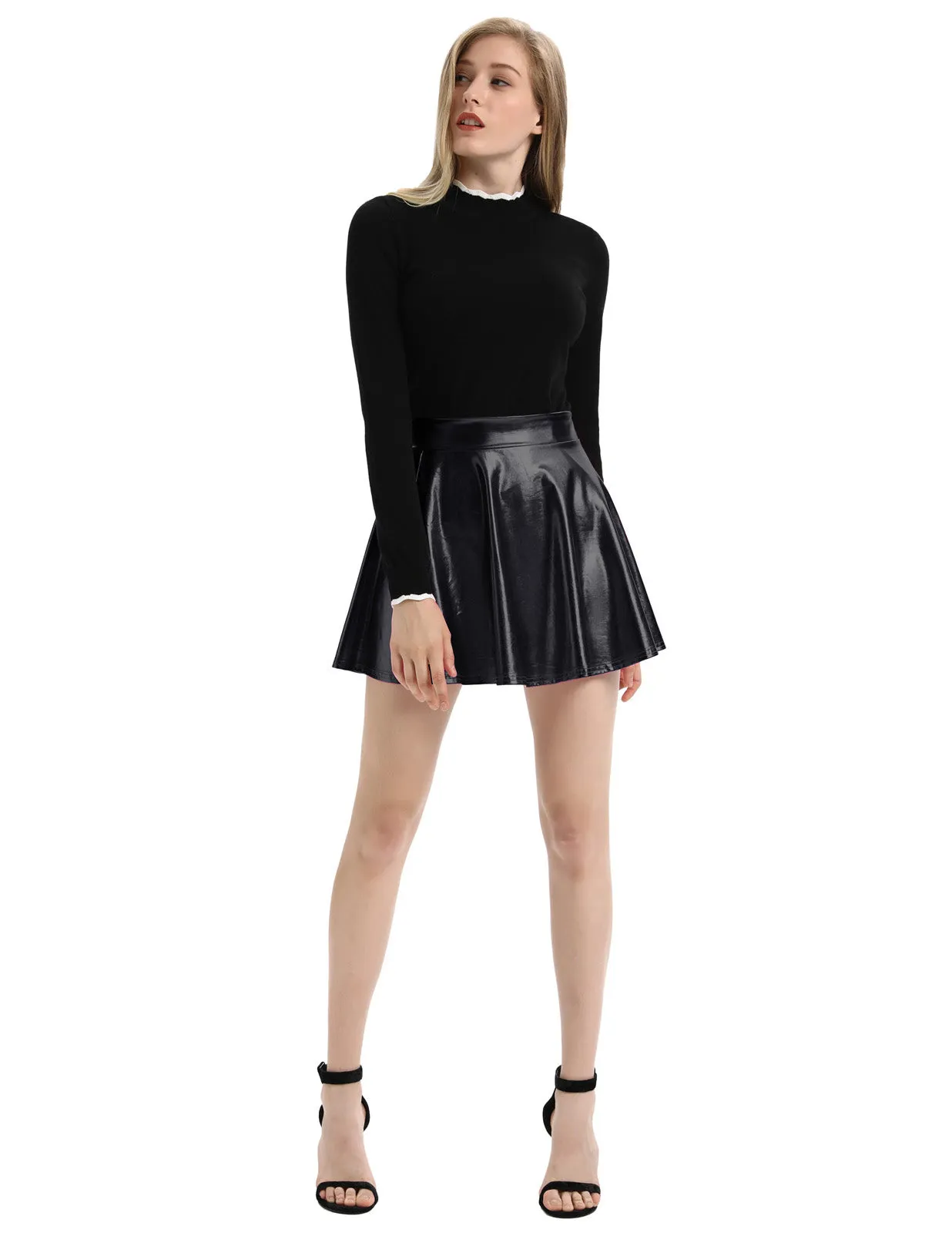 Women's Shiny Metallic Skater Skirt Fashion Flared Mini Skirt