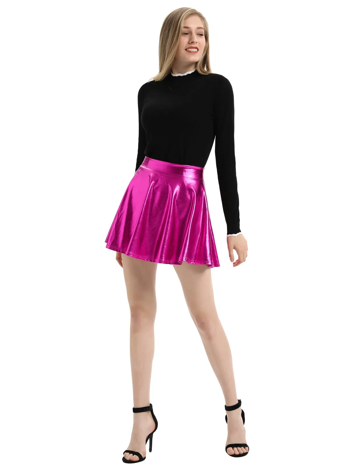 Women's Shiny Metallic Skater Skirt Fashion Flared Mini Skirt