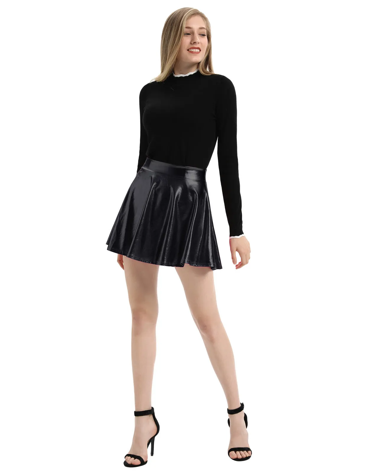 Women's Shiny Metallic Skater Skirt Fashion Flared Mini Skirt