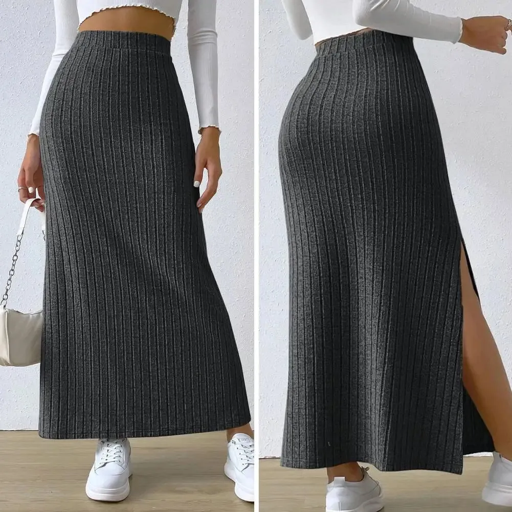 Women's Side Slits Ribbed High Waist Fashion Designer Skirts (Long)