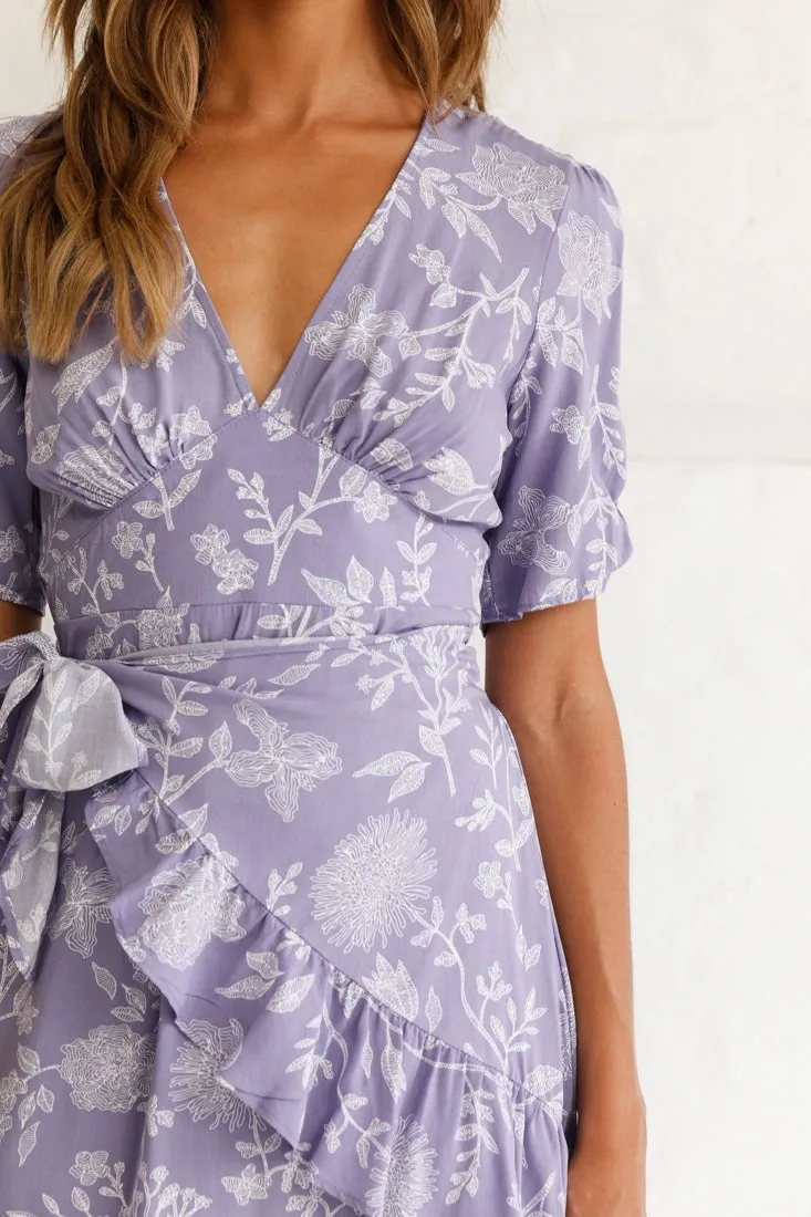 Wonderland Wrap Front Tea Dress Floral Print Lavender